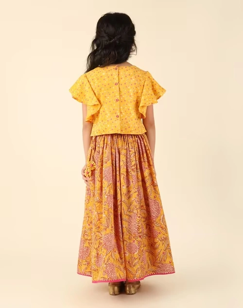 Yellow Cotton Hand Block Printed 2Pc Lehenga Set