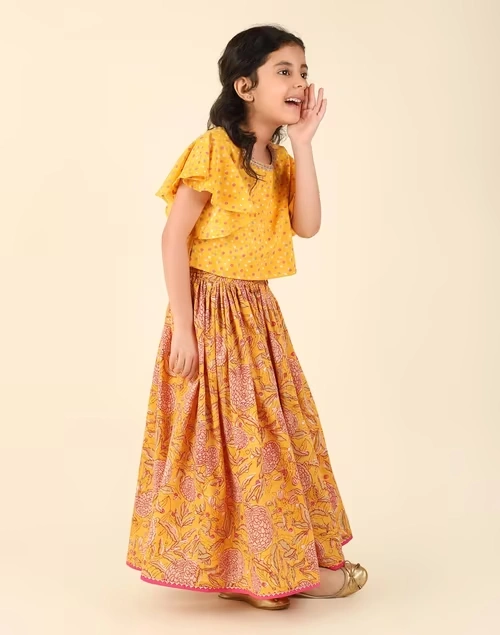 Yellow Cotton Hand Block Printed 2Pc Lehenga Set