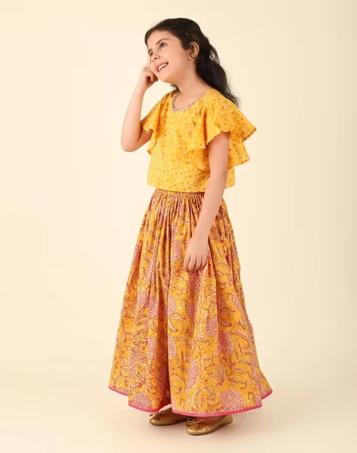 Yellow Cotton Hand Block Printed 2Pc Lehenga Set