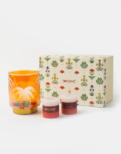 Yellow Dhaani Glass Etched T-Lite Holder Gift Set With 2 Pillar Candles