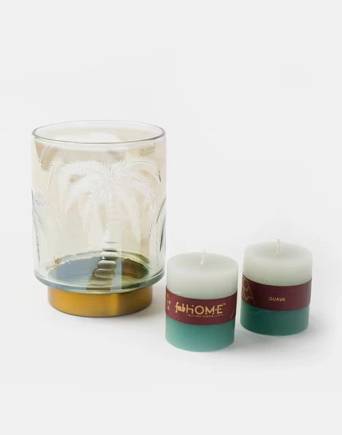 Green Dhaani Glass Etched T-Lite Holder Gift Set With 2 Pillar Candles 3 Green Dhaani Glass Etched T-Lite Holder Gift Set With 2 Pillar Candles