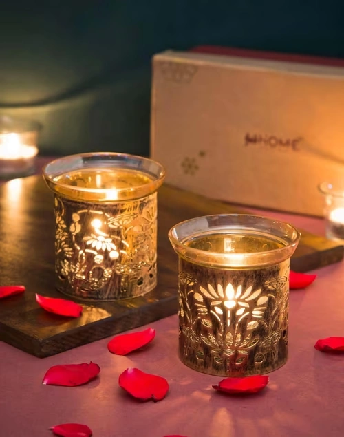 Brass Shalimar Metal Cutwork T-Lite | Set Of 2