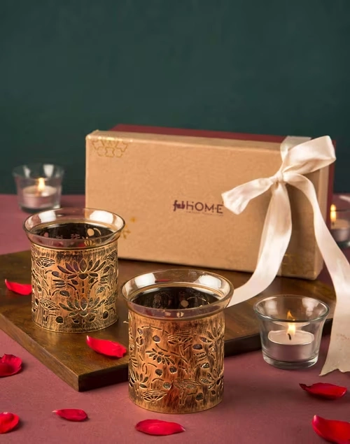 Brass Shalimar Metal Cutwork T-Lite | Set Of 2