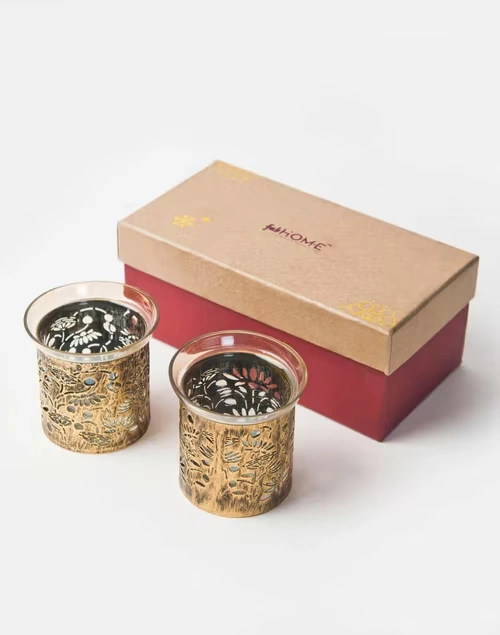 Brass Shalimar Metal Cutwork T-Lite | Set Of 2