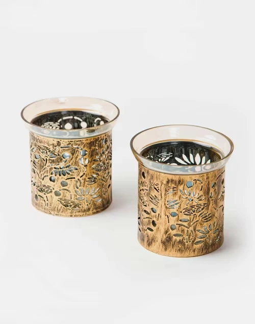 Brass Shalimar Metal Cutwork T-Lite | Set Of 2