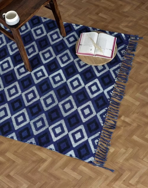 Blue Cotton Blend Hand Block Printed Geo Dhurrie - Large