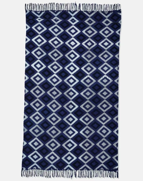 Blue Cotton Blend Hand Block Printed Geo Dhurrie - Large