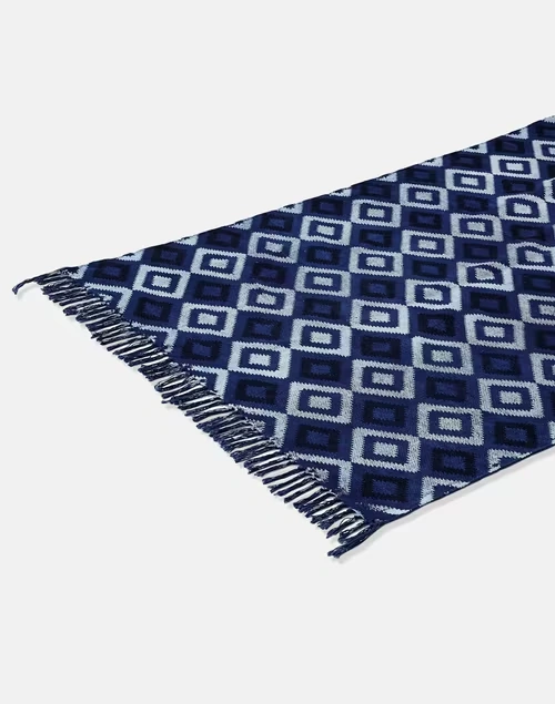 Blue Cotton Blend Hand Block Printed Geo Dhurrie - Large