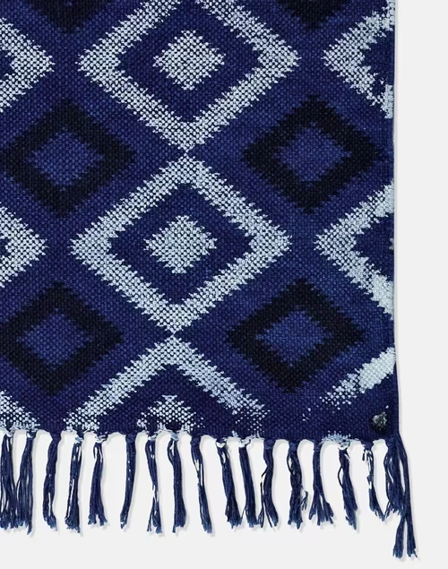 Blue Cotton Blend Hand Block Printed Geo Dhurrie - Large