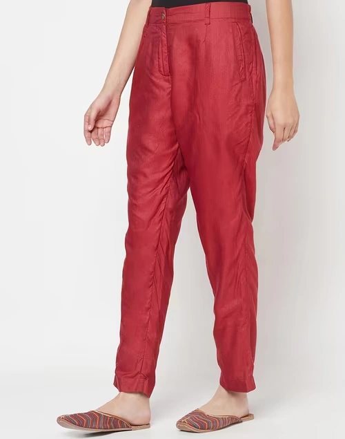 Maroon Viscose Silk Slim Fit Formal Kosi Pant
