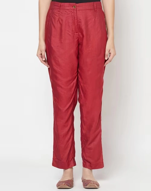 Maroon Viscose Silk Slim Fit Formal Kosi Pant