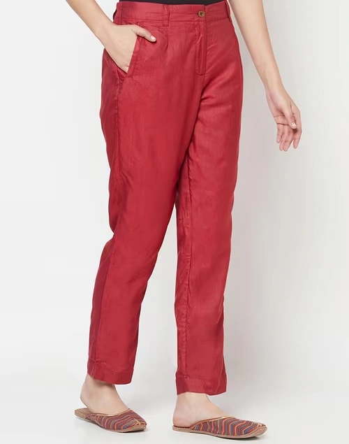 Maroon Viscose Silk Slim Fit Formal Kosi Pant