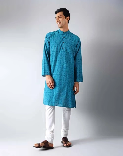 Blue Cotton Hand Block Printed Slim Fit Long Kurta