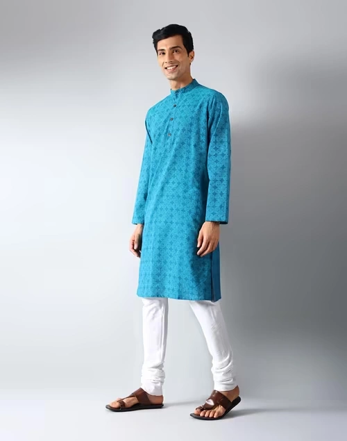 Blue Cotton Hand Block Printed Slim Fit Long Kurta