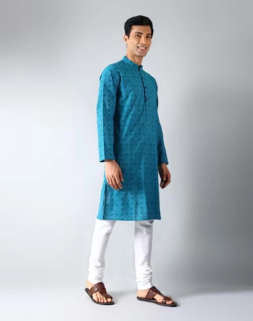 Blue Cotton Hand Block Printed Slim Fit Long Kurta 3 Blue Cotton Hand Block Printed Slim Fit Long Kurta