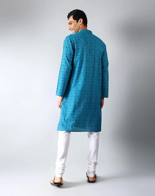 Blue Cotton Hand Block Printed Slim Fit Long Kurta 4 Blue Cotton Hand Block Printed Slim Fit Long Kurta