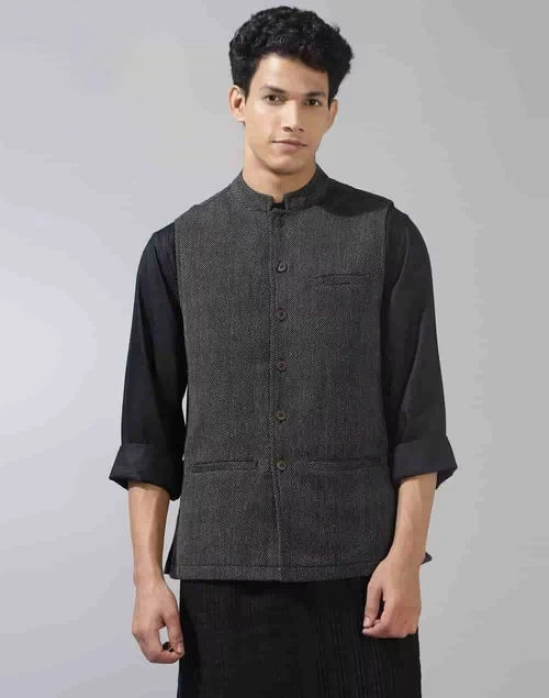 Black Wool Woven Nehru Jacket