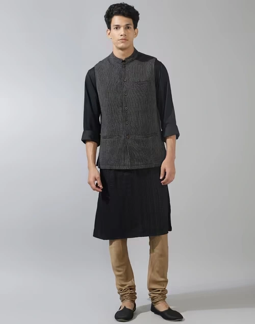 Black Wool Woven Nehru Jacket