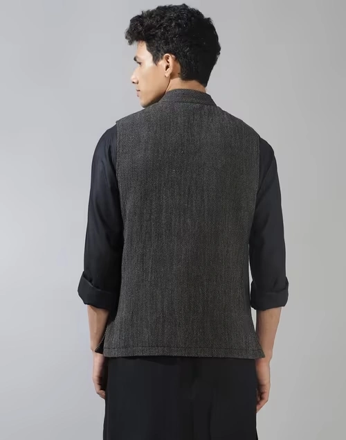 Black Wool Woven Nehru Jacket