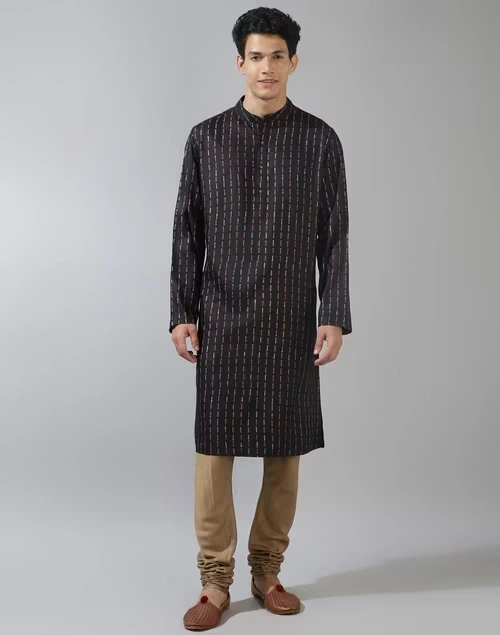 Black Viscose Silk Printed Slim Fit Long Kurta