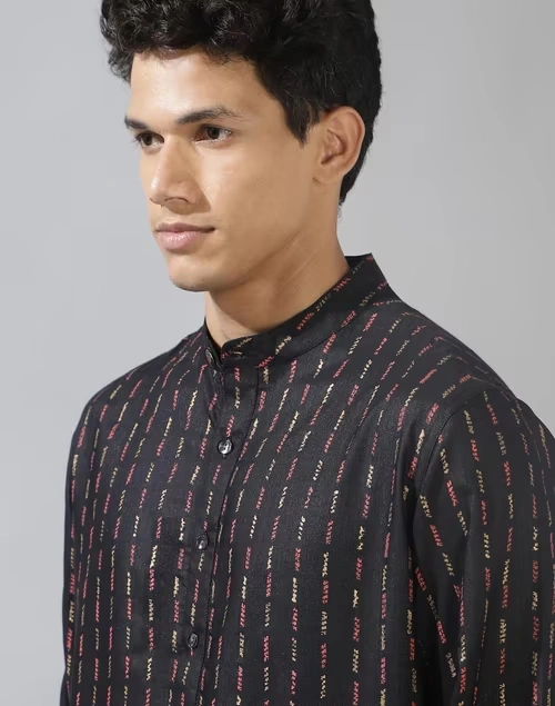 Black Viscose Silk Printed Slim Fit Long Kurta