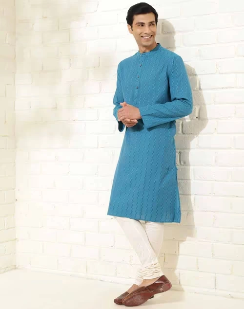Blue Cotton Dobby Long Kurta