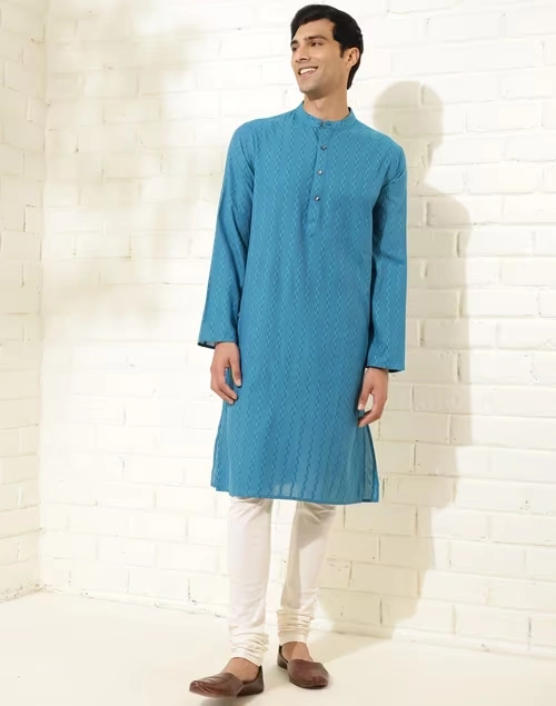 Blue Cotton Dobby Long Kurta