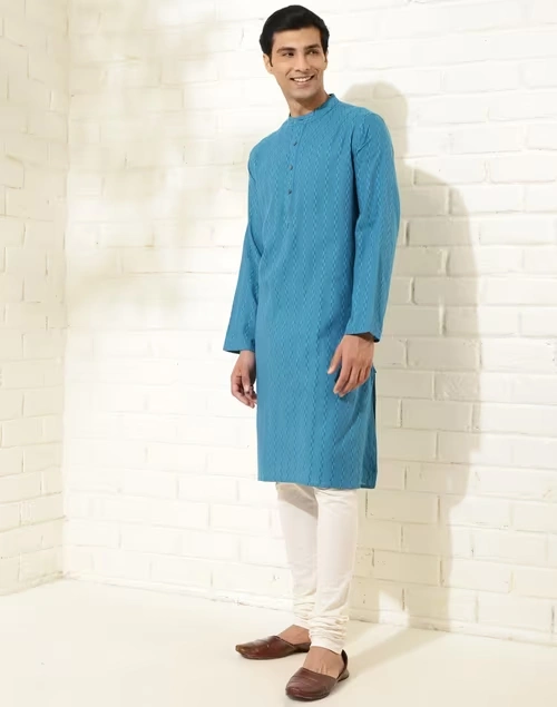 Blue Cotton Dobby Long Kurta 3 Blue Cotton Dobby Long Kurta