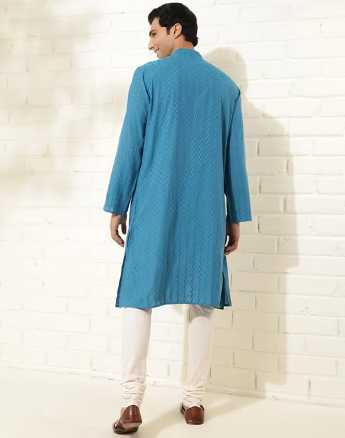 Blue Cotton Dobby Long Kurta 4 Blue Cotton Dobby Long Kurta