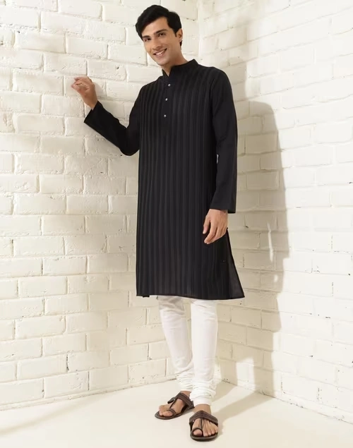 Black Cotton Woven Long Kurta