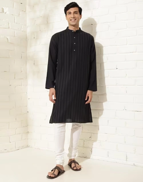 Black Cotton Woven Long Kurta