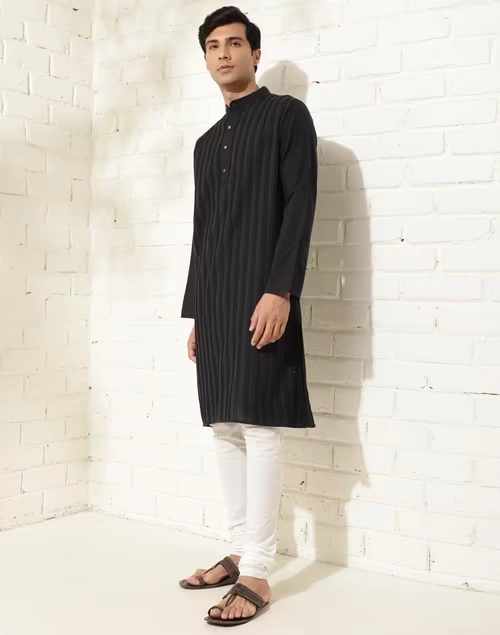 Black Cotton Woven Long Kurta