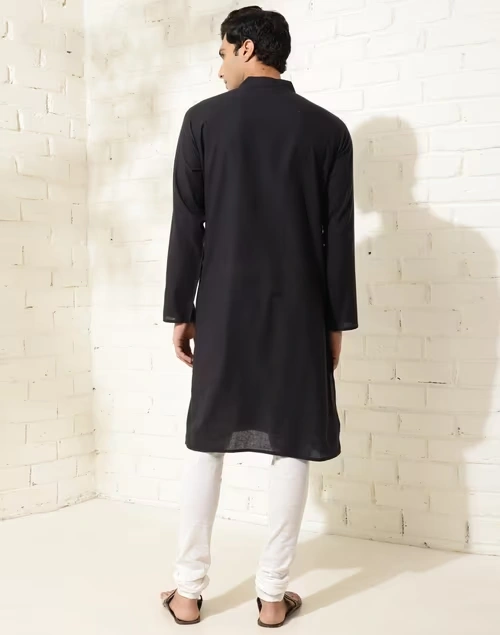 Black Cotton Woven Long Kurta