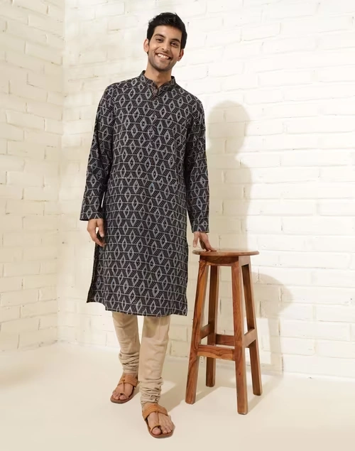 Black Cotton Ajrakh Printed Long Kurta