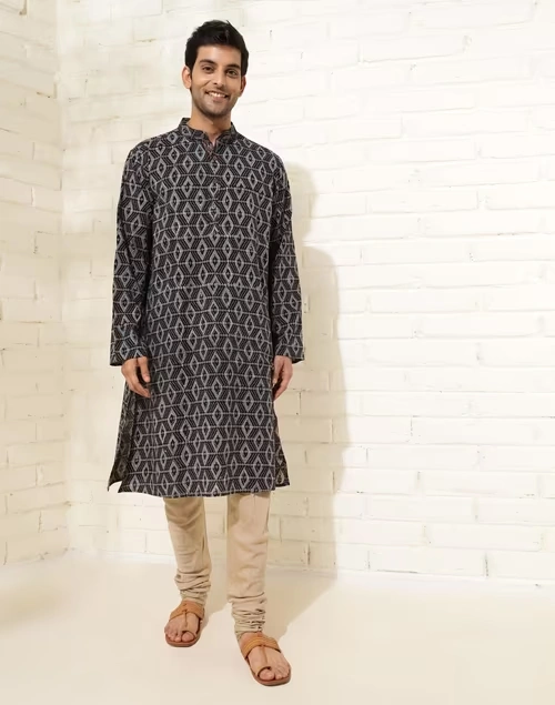 Black Cotton Ajrakh Printed Long Kurta