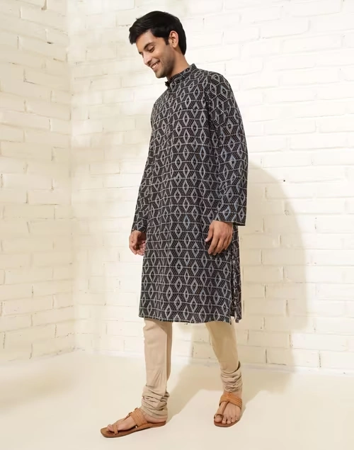 Black Cotton Ajrakh Printed Long Kurta