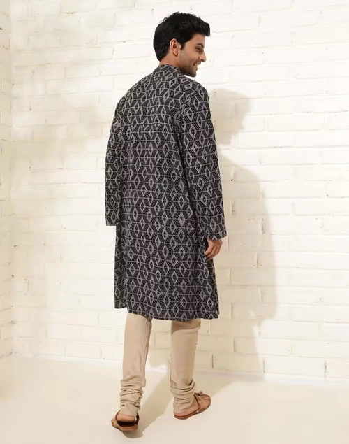 Black Cotton Ajrakh Printed Long Kurta