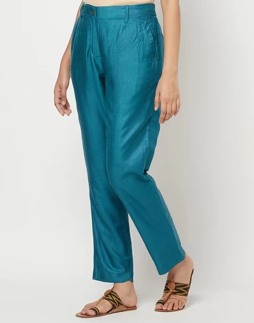 Teal Viscose Silk Slim Fit Formal Kosi Pant