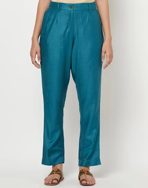 Teal Viscose Silk Slim Fit Formal Kosi Pant