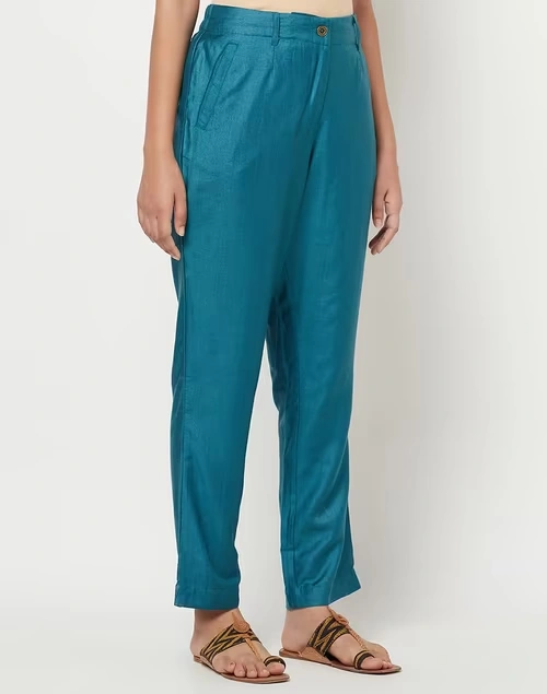 Teal Viscose Silk Slim Fit Formal Kosi Pant
