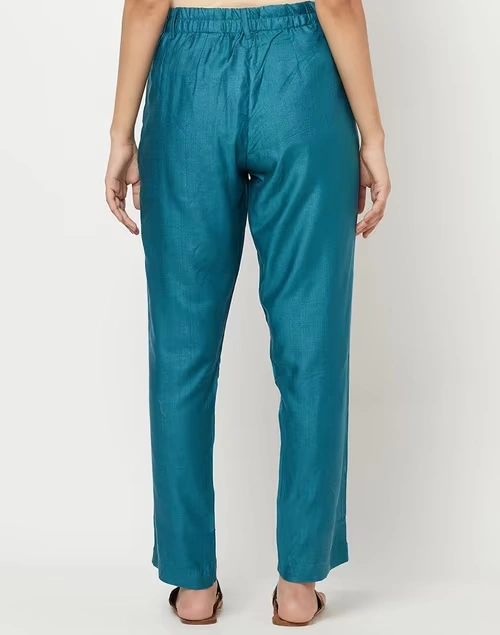 Teal Viscose Silk Slim Fit Formal Kosi Pant