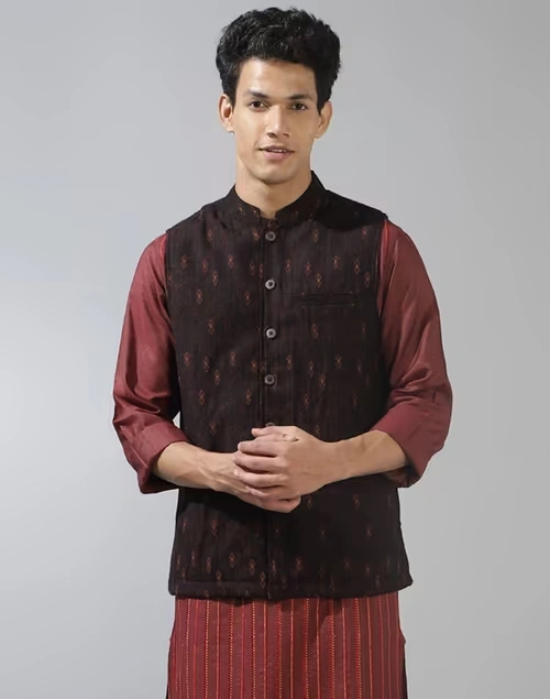 Black Wool Woven Nehru Jacket