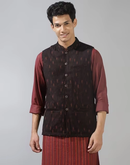 Black Wool Woven Nehru Jacket