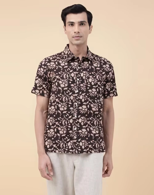 Black Cotton Bagru Printed Bush Shirt