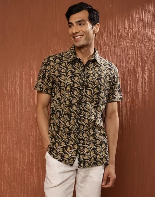 Black Cotton Bagru Printed Bush Shirt