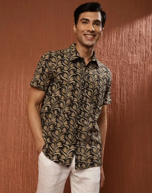 Black Cotton Bagru Printed Bush Shirt