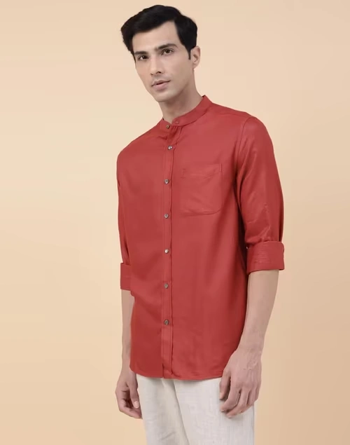 Red Viscose Silk Curved Shirt