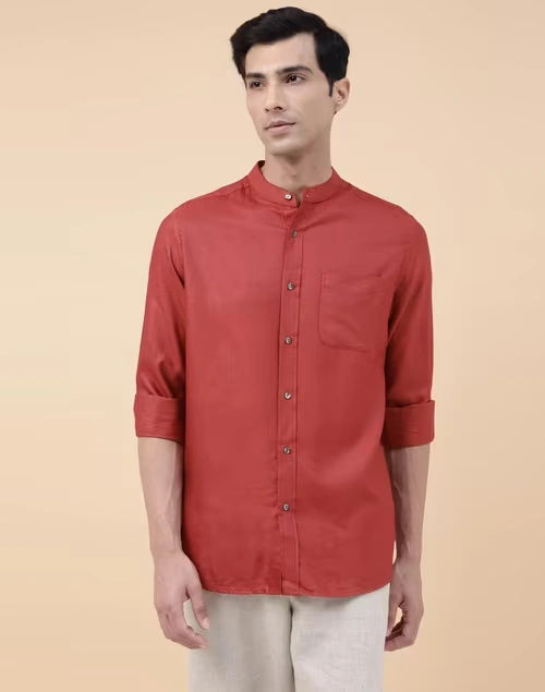 Red Viscose Silk Curved Shirt