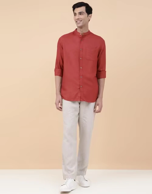 Red Viscose Silk Curved Shirt