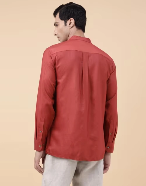 Red Viscose Silk Curved Shirt